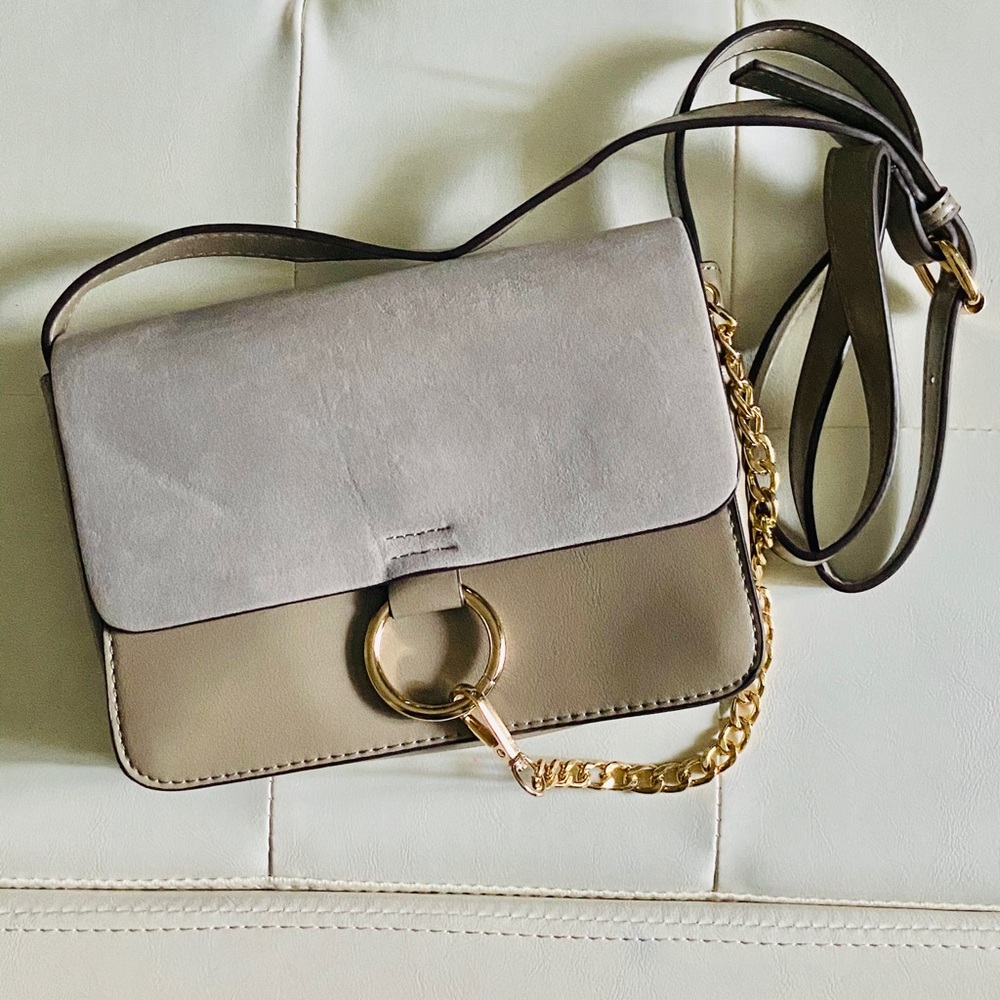 Small Taupe Crossbody, gold circle chain